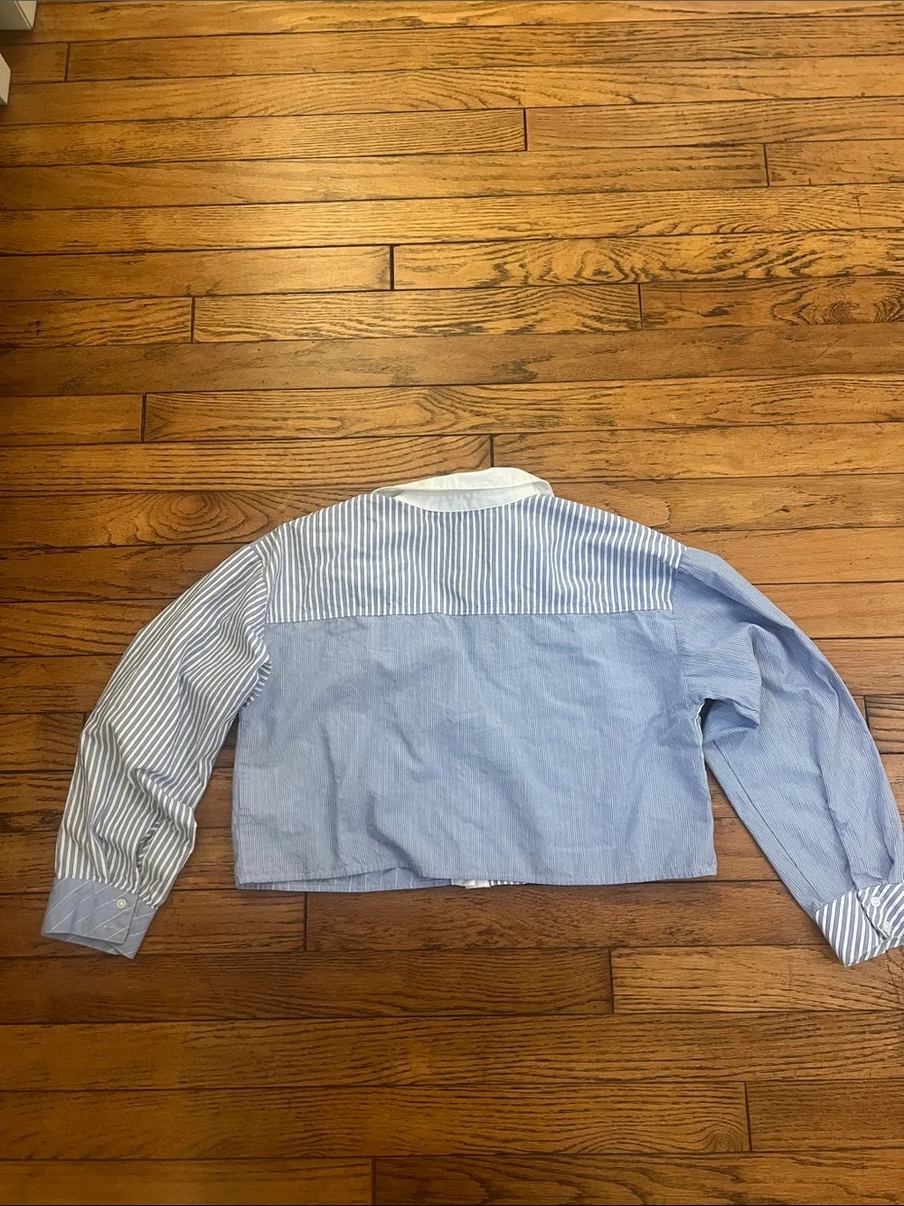 Zara Blue & White Striped Cropped Button-Down Shirt